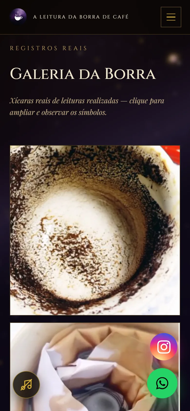 Seção de galeria do site A Leitura da Borra de Café no celular