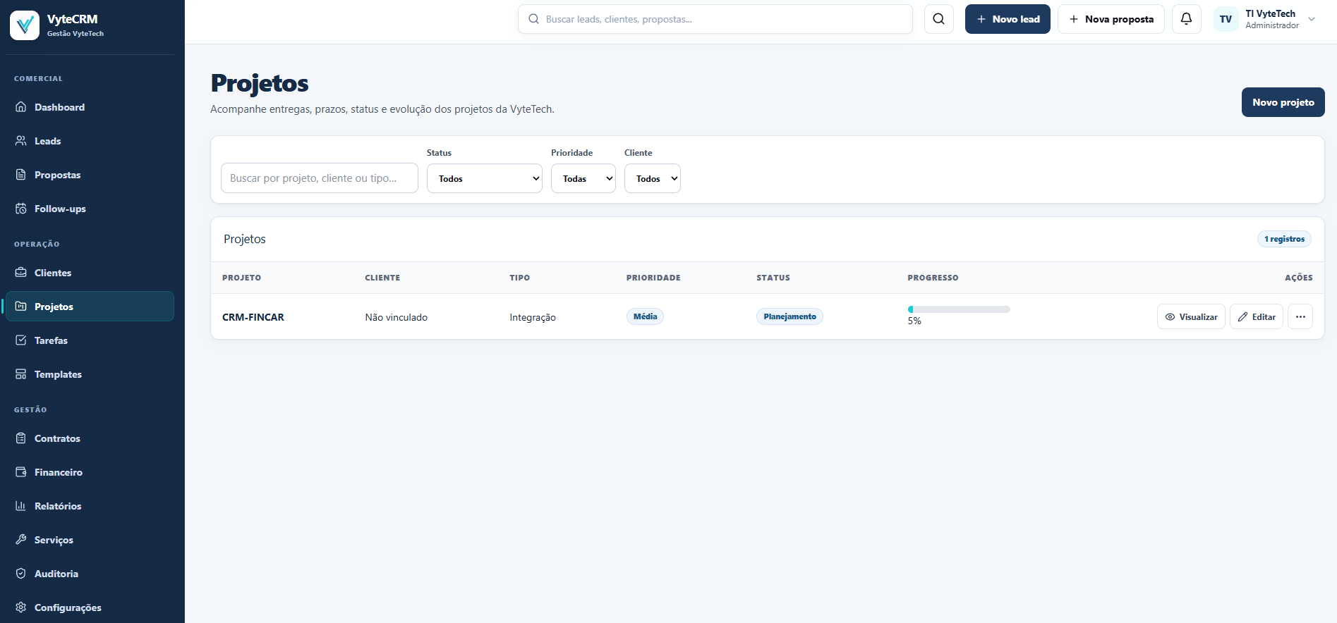 Gestão de projetos no VyteCRM